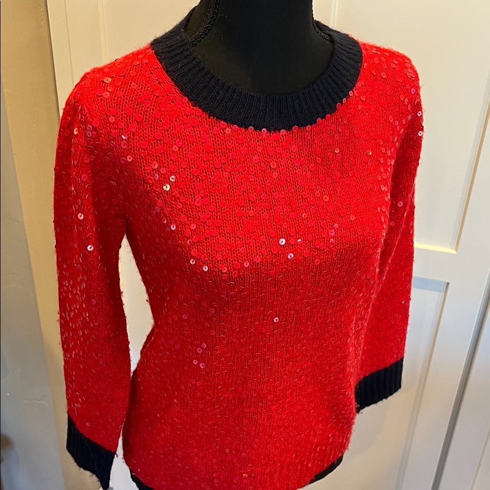 J. Crew Sparkling Red Sweater with Navy Accents Size S - Picture 7 of 7